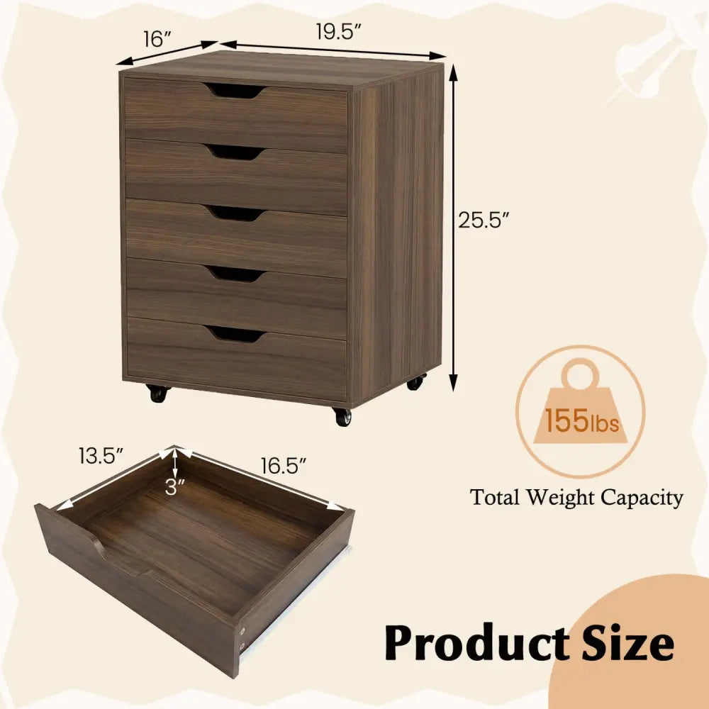 5 Drawer Mobile File Cabinet with Wheels for Living Room-Walnut - Walnut - File Cabinets