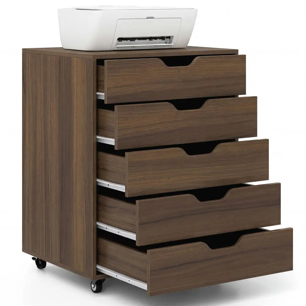 5 Drawer Mobile File Cabinet with Wheels for Living Room-Walnut - Walnut - File Cabinets