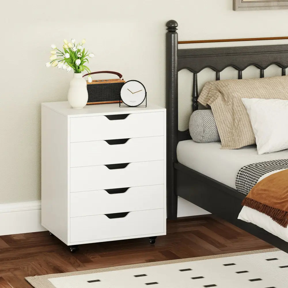 5 Drawer Mobile File Cabinet with Wheels for Living Room-White - White - File Cabinets