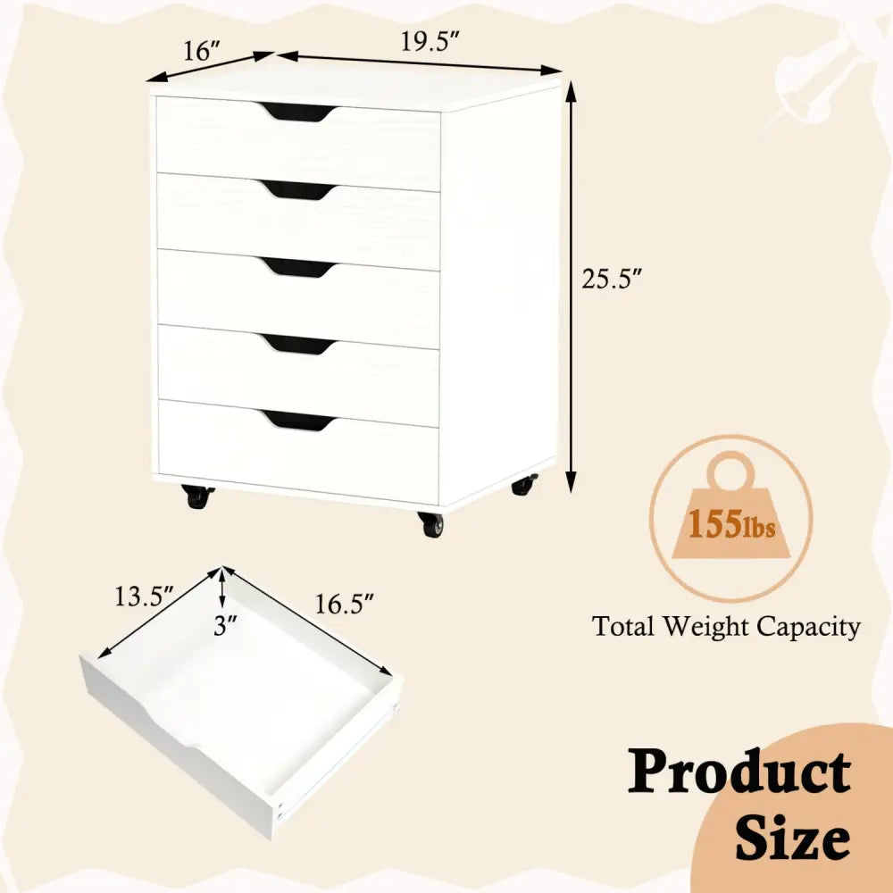 5 Drawer Mobile File Cabinet with Wheels for Living Room-White - White - File Cabinets