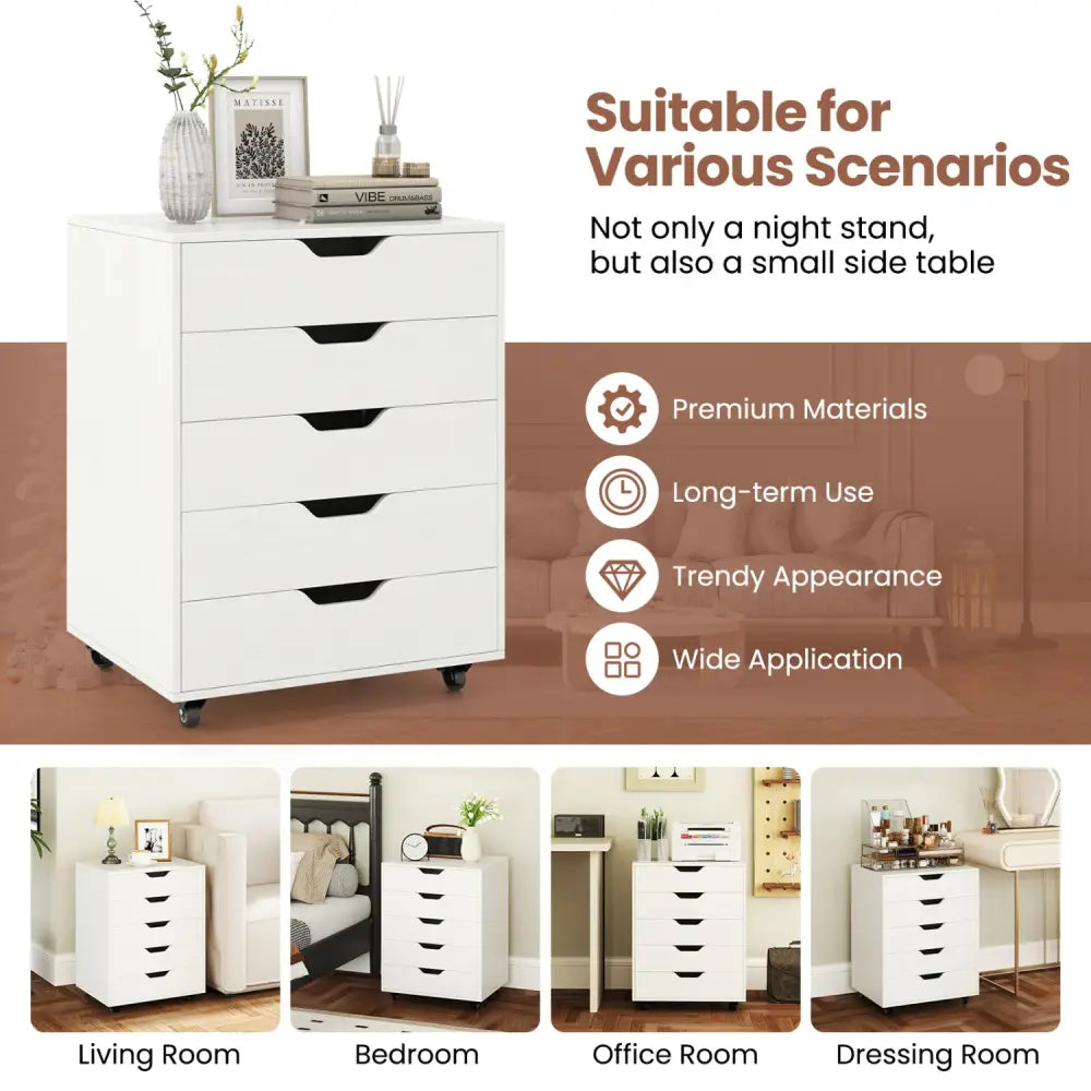 5 Drawer Mobile File Cabinet with Wheels for Living Room-White - White - File Cabinets