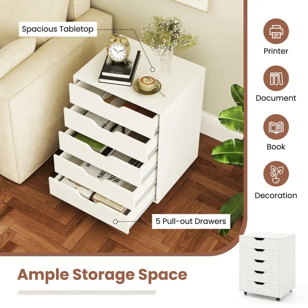 5 Drawer Mobile File Cabinet with Wheels for Living Room-White - White - File Cabinets