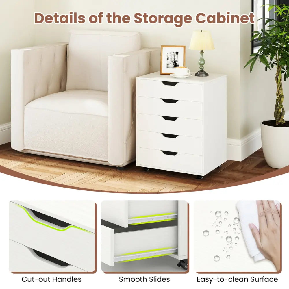 5 Drawer Mobile File Cabinet with Wheels for Living Room-White - White - File Cabinets