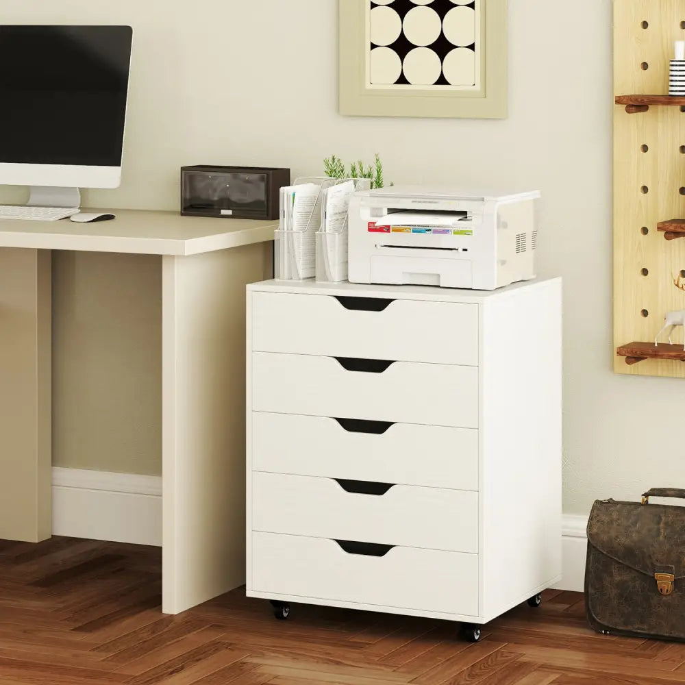 5 Drawer Mobile File Cabinet with Wheels for Living Room-White - White - File Cabinets
