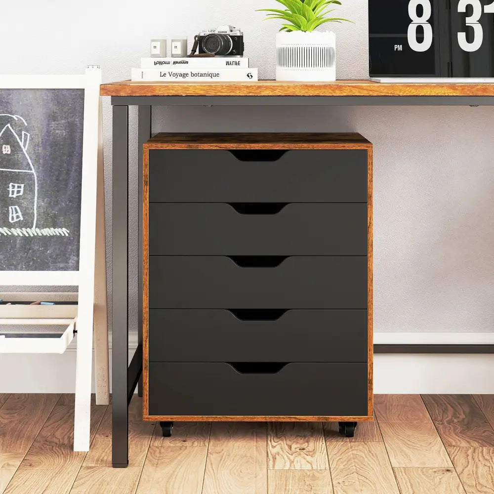 5 Drawer Mobile Lateral Filing Storage Home Office Floor Cabinet with Wheels-Rustic Brown - Rustic Brown - File Cabinets