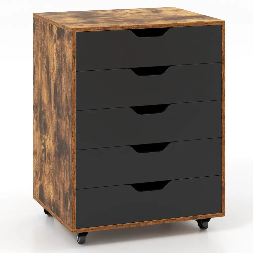 5 Drawer Mobile Lateral Filing Storage Home Office Floor Cabinet with Wheels-Rustic Brown - Rustic Brown - File Cabinets