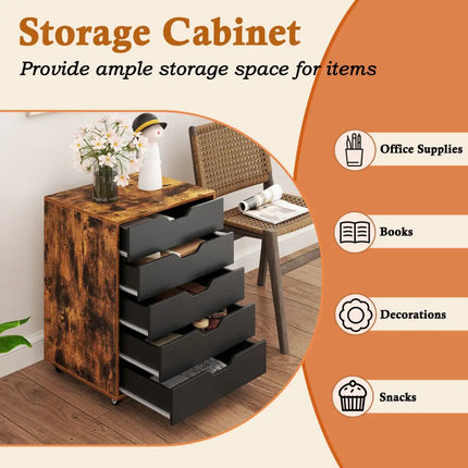 5 Drawer Mobile Lateral Filing Storage Home Office Floor Cabinet with Wheels-Rustic Brown - Rustic Brown - File Cabinets