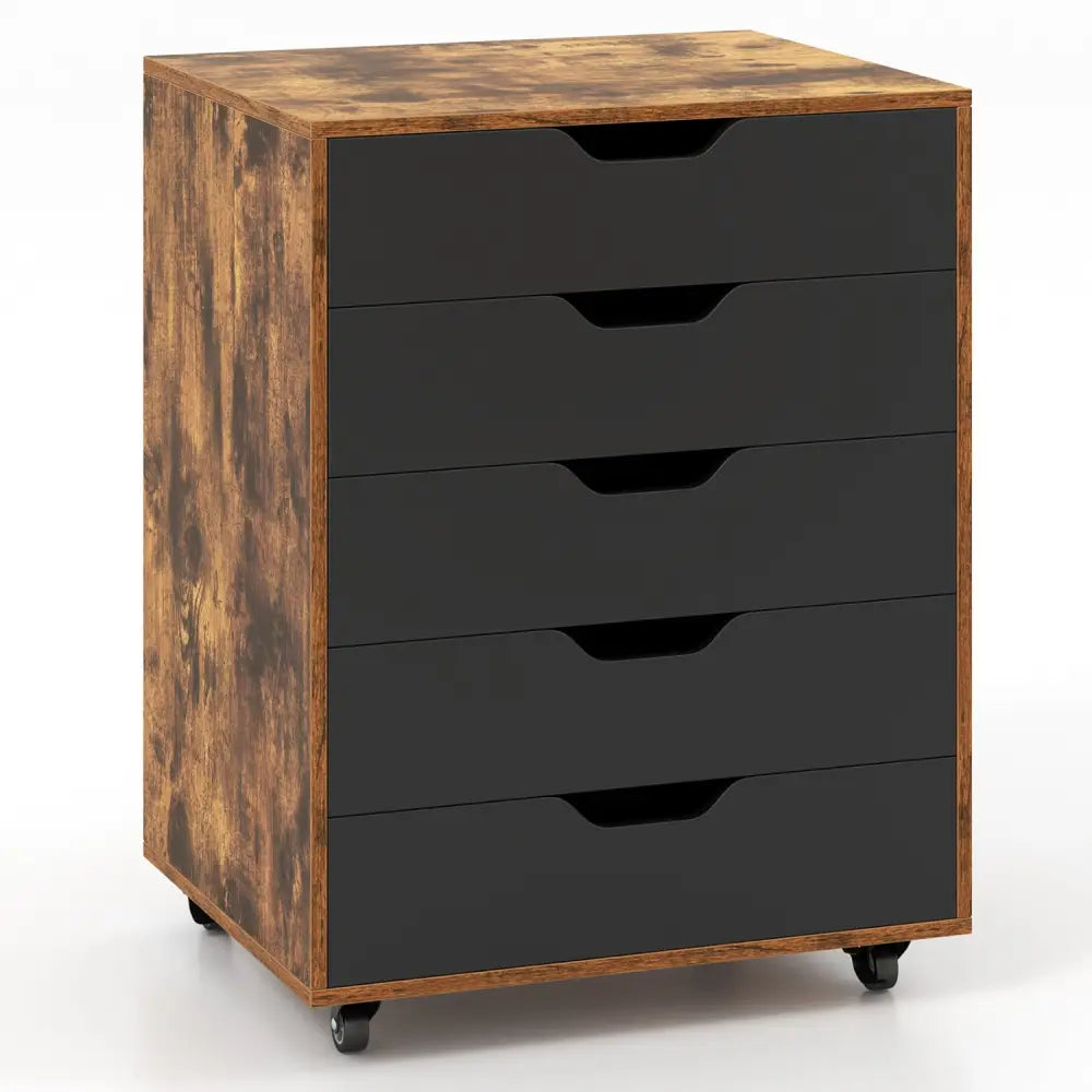 5 Drawer Mobile Lateral Filing Storage Home Office Floor Cabinet with Wheels-Rustic Brown - Rustic Brown - File Cabinets