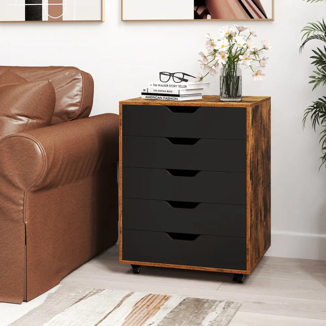 5 Drawer Mobile Lateral Filing Storage Home Office Floor Cabinet with Wheels-Rustic Brown - Rustic Brown - File Cabinets