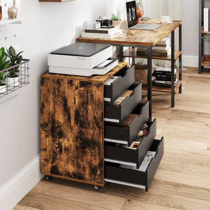 5 Drawer Mobile Lateral Filing Storage Home Office Floor Cabinet with Wheels-Rustic Brown - Rustic Brown - File Cabinets