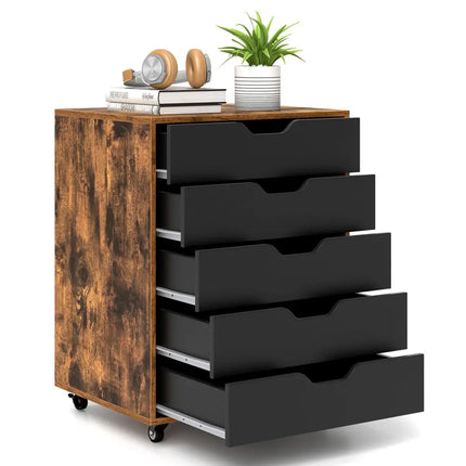 5 Drawer Mobile Lateral Filing Storage Home Office Floor Cabinet with Wheels-Rustic Brown - Rustic Brown - File Cabinets