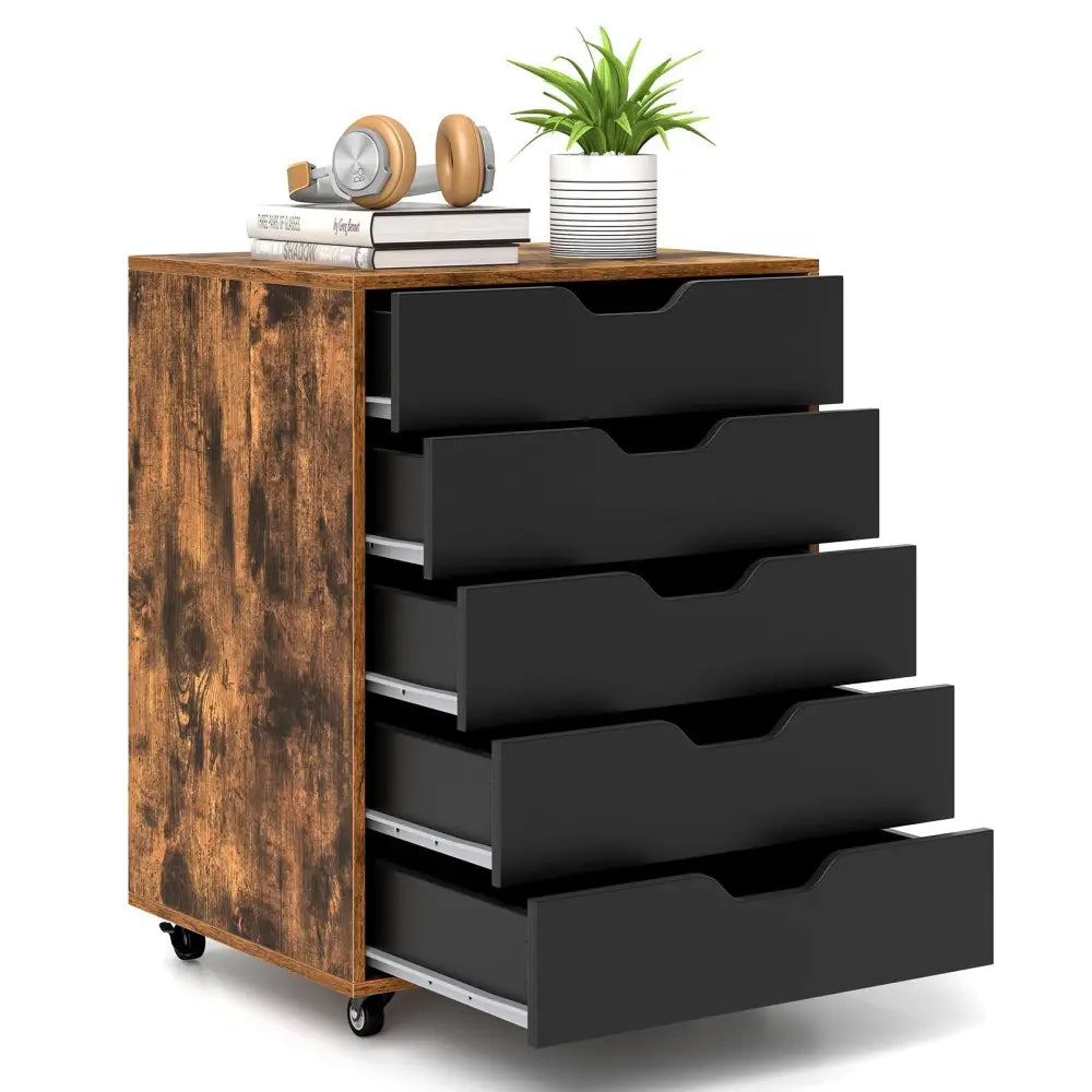 5 Drawer Mobile Lateral Filing Storage Home Office Floor Cabinet with Wheels-Rustic Brown - Rustic Brown - File Cabinets