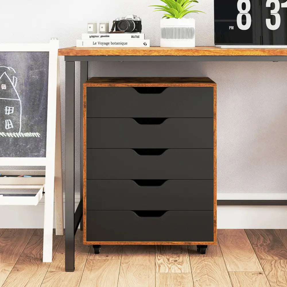 5 Drawer Mobile Lateral Filing Storage Home Office Floor Cabinet with Wheels-Rustic Brown - Rustic Brown - File Cabinets