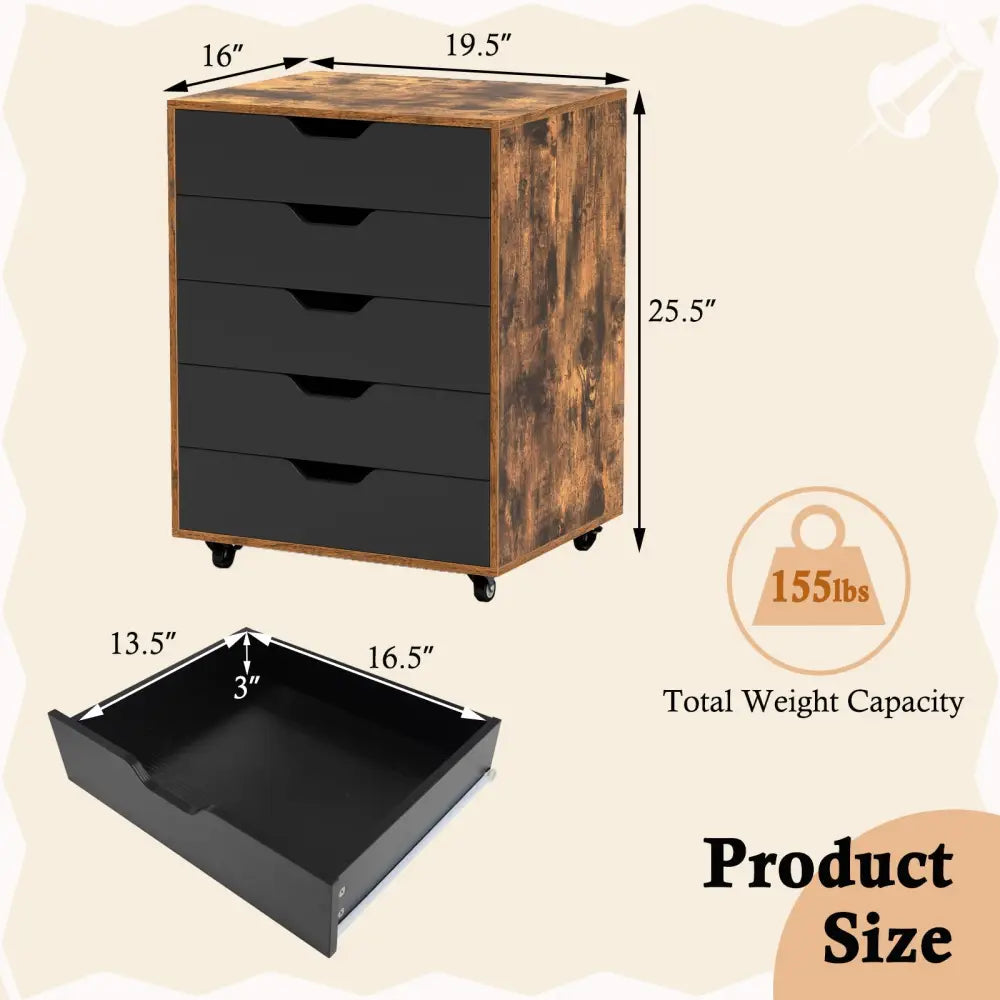 5 Drawer Mobile Lateral Filing Storage Home Office Floor Cabinet with Wheels-Rustic Brown - Rustic Brown - File Cabinets
