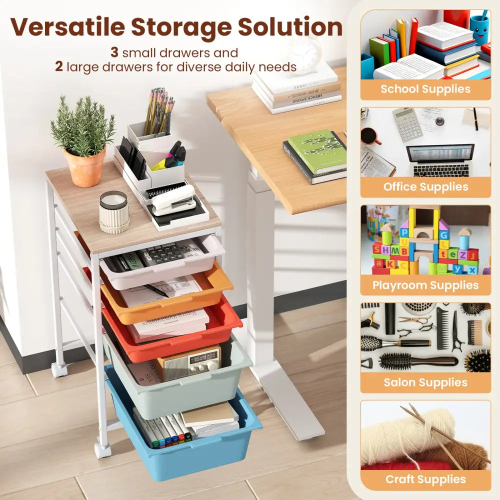 5-Drawer Rolling Storage Cart Mobile Utility Organizer with Wooden Tabletop and Lockable Wheels-Macaron - Macaron