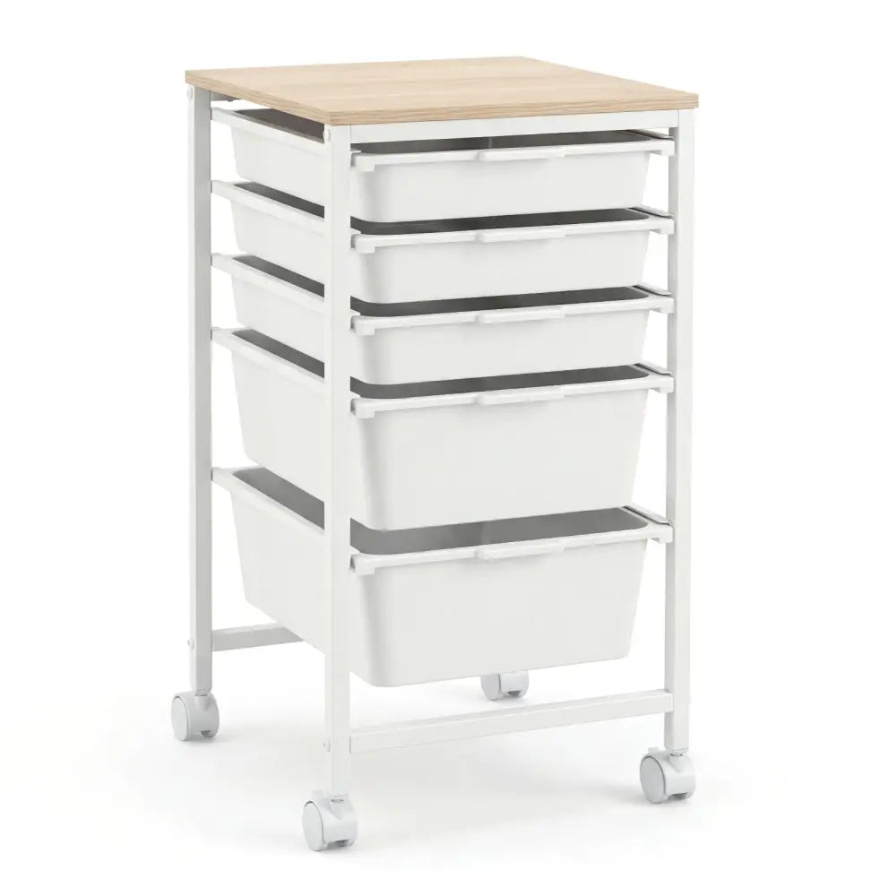 5-Drawer Rolling Storage Cart Mobile Utility Organizer with Wooden Tabletop and Lockable Wheels-White - White - File