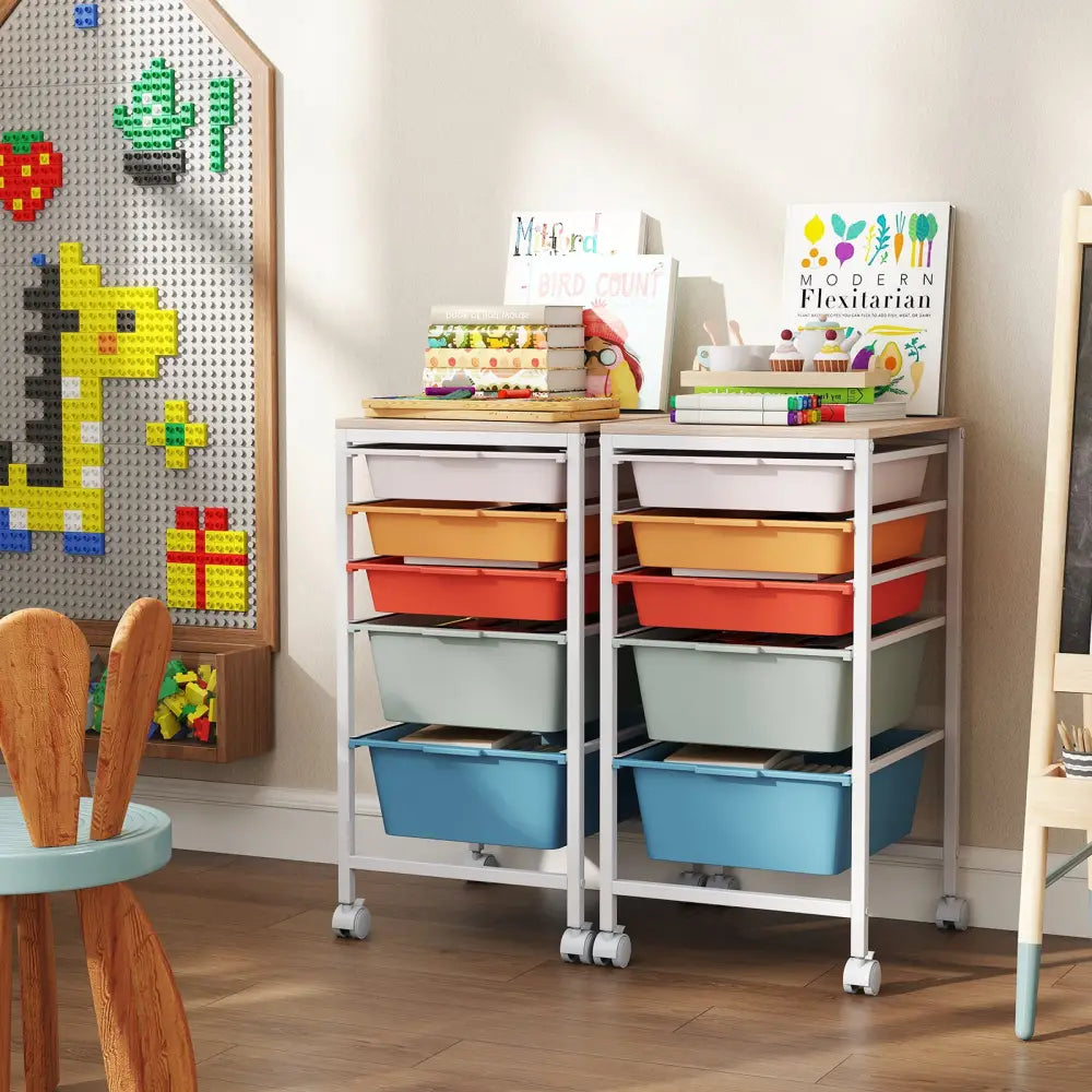 5-Drawer Rolling Storage Cart Mobile Utility Organizer with Wooden Tabletop and Lockable Wheels-Macaron - Macaron