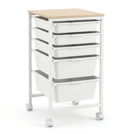 5-Drawer Rolling Storage Cart Mobile Utility Organizer with Wooden Tabletop and Lockable Wheels-White Costway
