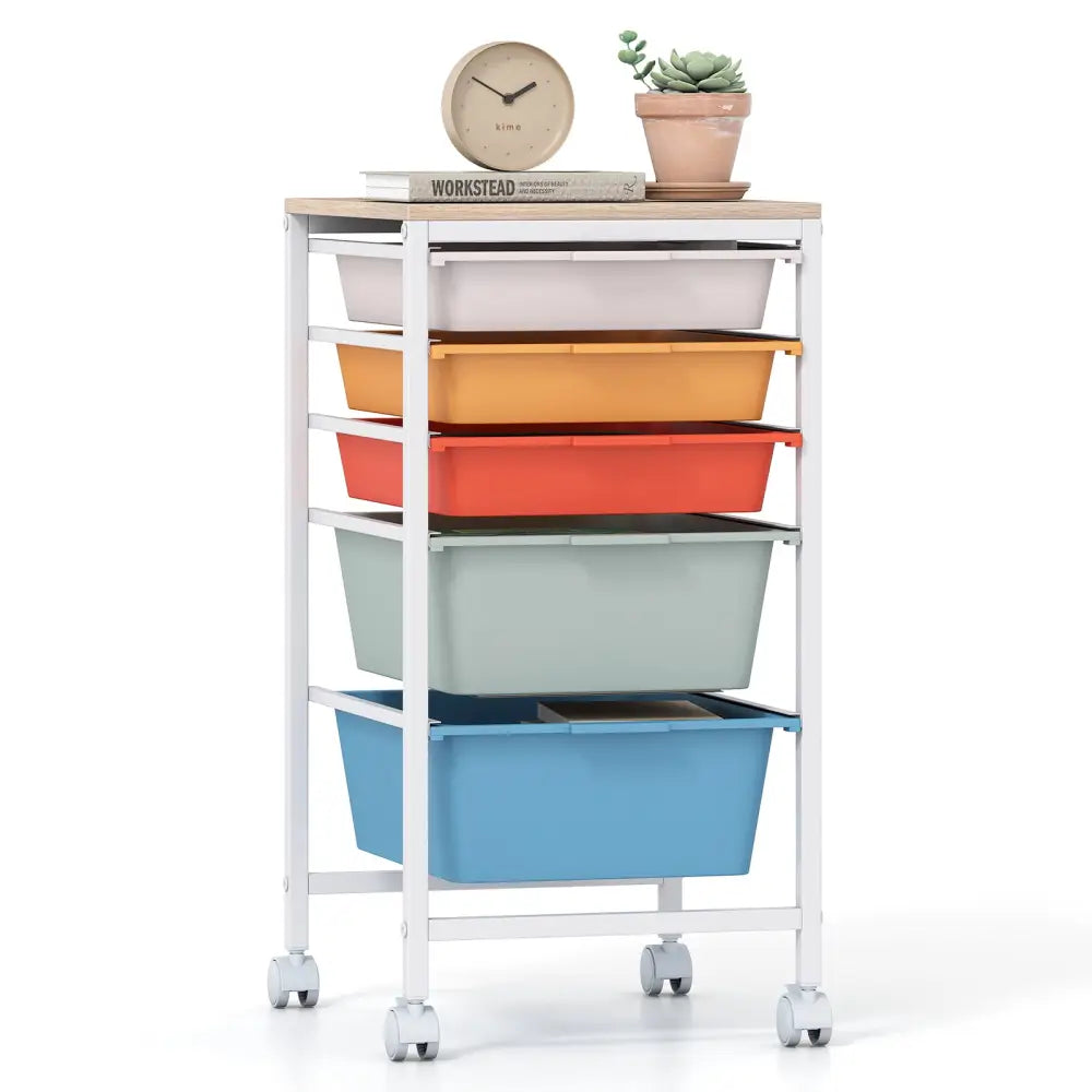 5-Drawer Rolling Storage Cart Mobile Utility Organizer with Wooden Tabletop and Lockable Wheels-Macaron - Macaron