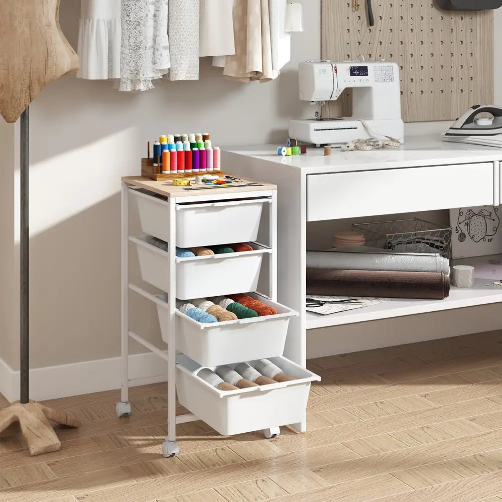 5-Drawer Rolling Storage Cart Mobile Utility Organizer with Wooden Tabletop and Lockable Wheels-White - White - File