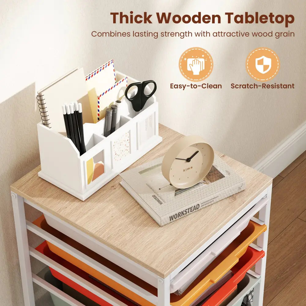 5-Drawer Rolling Storage Cart Mobile Utility Organizer with Wooden Tabletop and Lockable Wheels-Macaron - Macaron