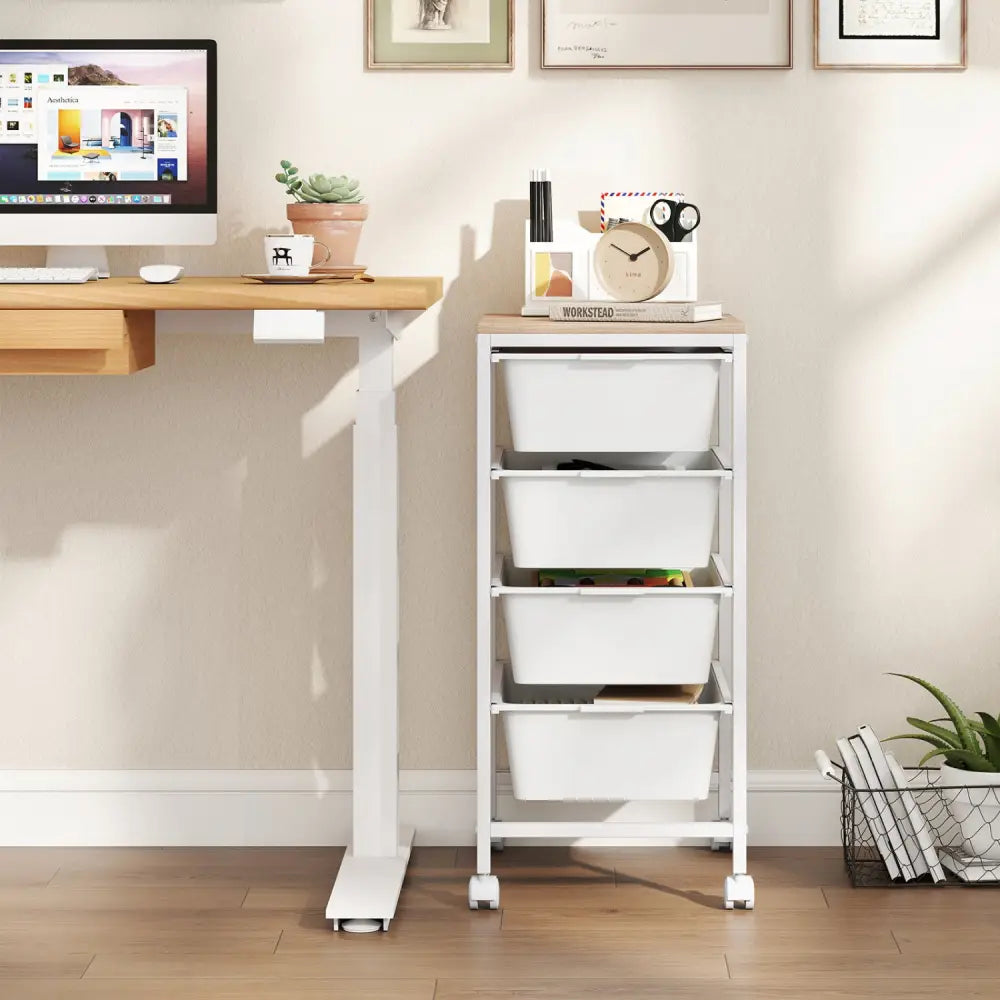 5-Drawer Rolling Storage Cart Mobile Utility Organizer with Wooden Tabletop and Lockable Wheels-White - White - File