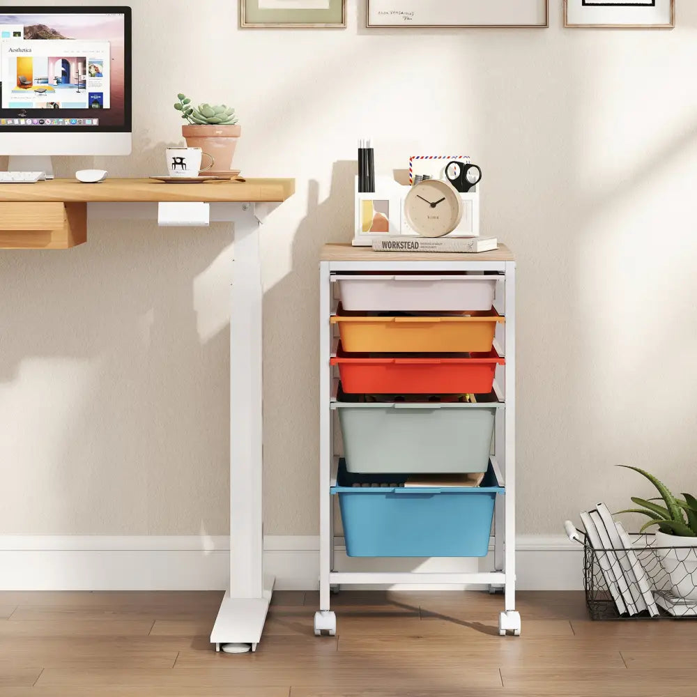 5-Drawer Rolling Storage Cart Mobile Utility Organizer with Wooden Tabletop and Lockable Wheels-Macaron - Macaron