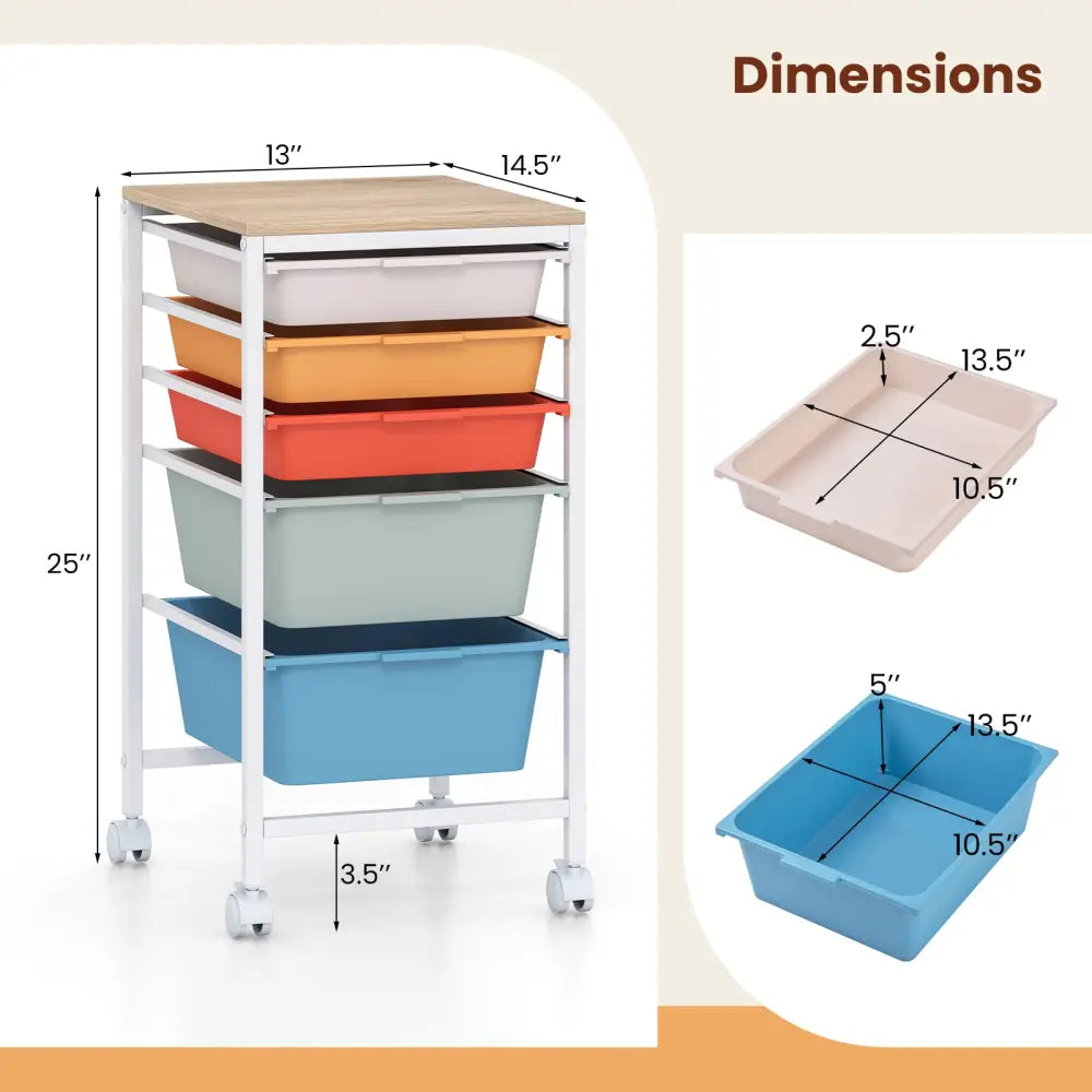 5-Drawer Rolling Storage Cart Mobile Utility Organizer with Wooden Tabletop and Lockable Wheels-Macaron - Macaron