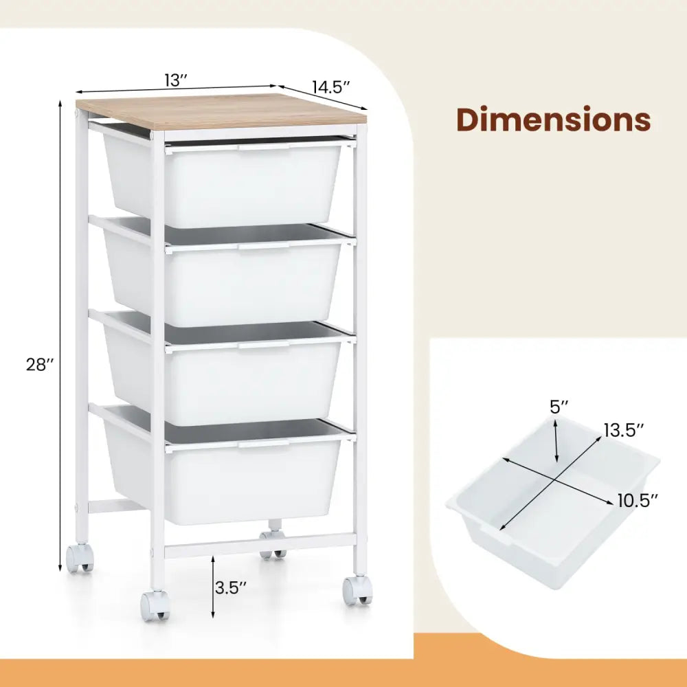 5-Drawer Rolling Storage Cart Mobile Utility Organizer with Wooden Tabletop and Lockable Wheels-White - White - File