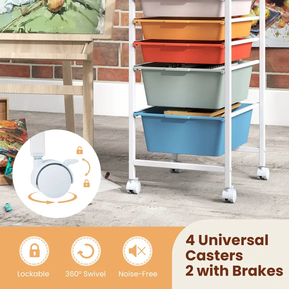 5-Drawer Rolling Storage Cart Mobile Utility Organizer with Wooden Tabletop and Lockable Wheels-Macaron - Macaron