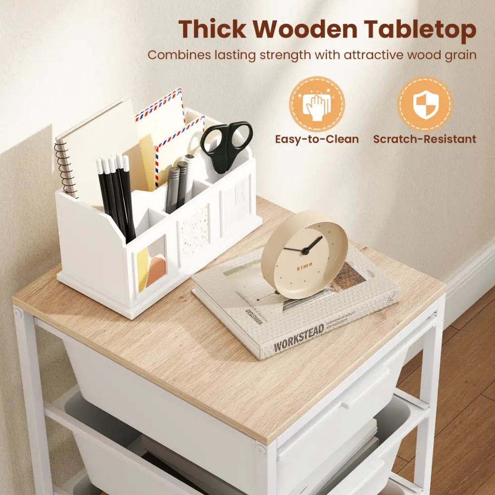 5-Drawer Rolling Storage Cart Mobile Utility Organizer with Wooden Tabletop and Lockable Wheels-White - White - File