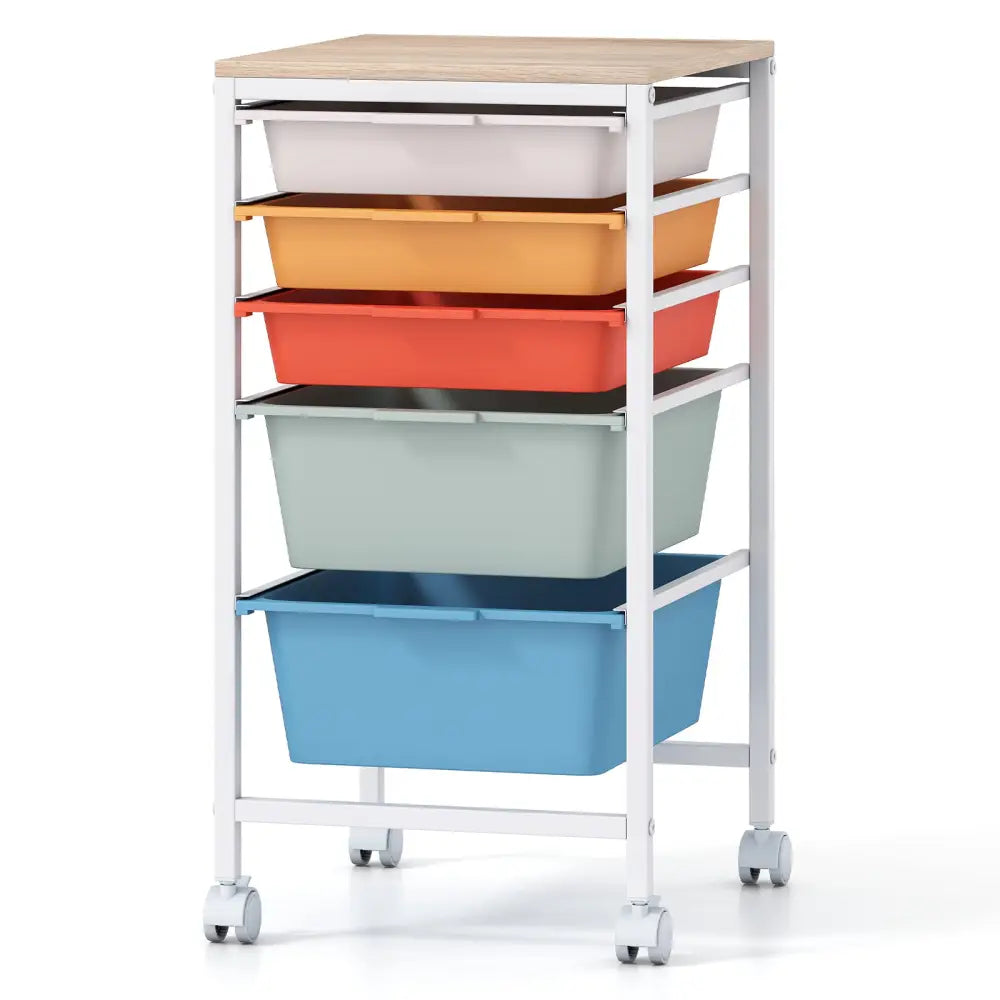 5-Drawer Rolling Storage Cart Mobile Utility Organizer with Wooden Tabletop and Lockable Wheels-Macaron - Macaron