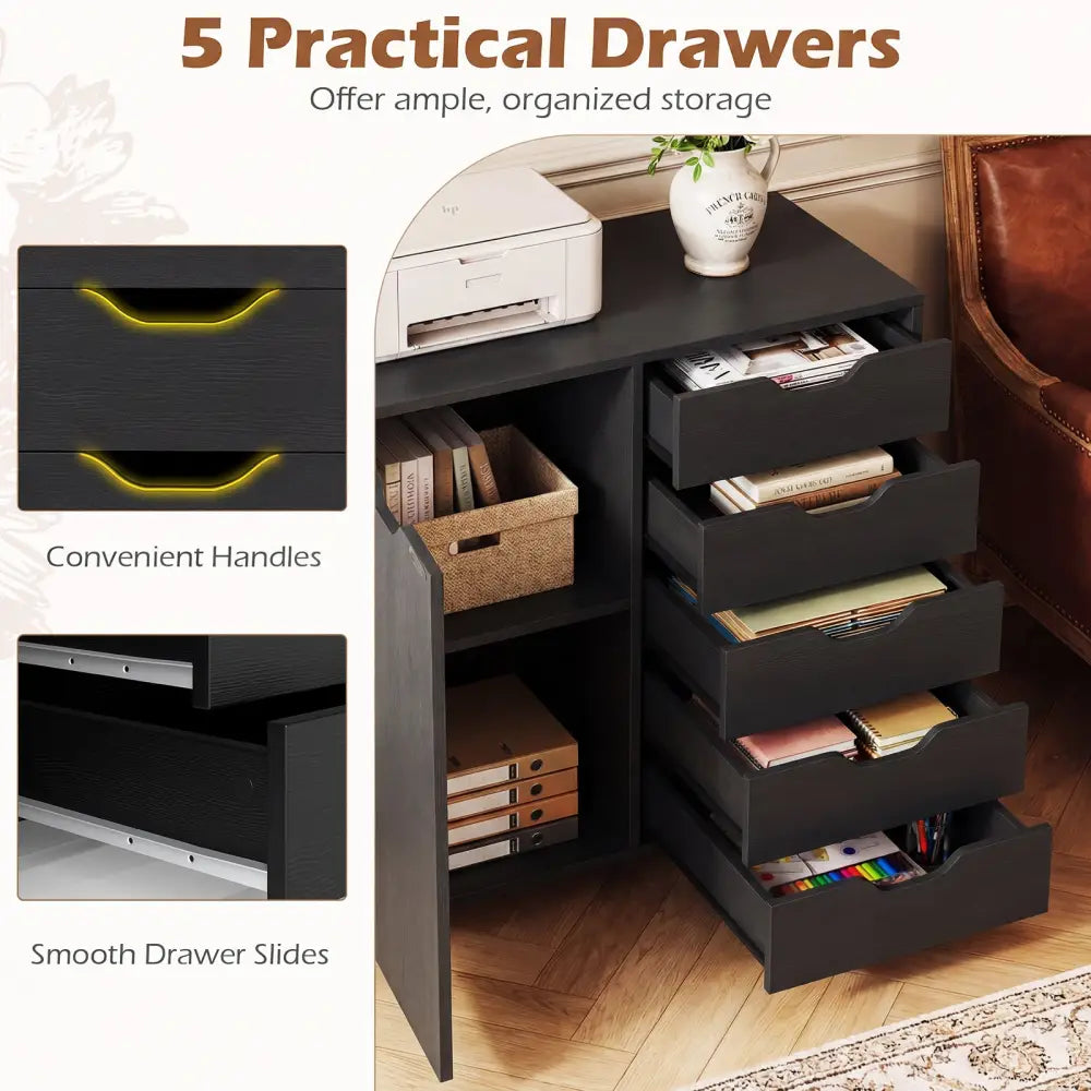 5-Drawer Rolling Storage Cart with Side Cabinet-Black - Black - File Cabinets