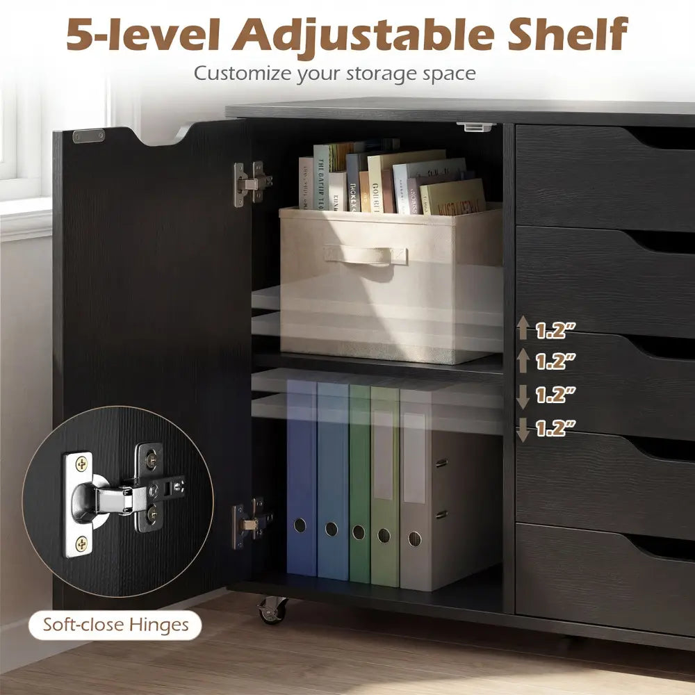 5-Drawer Rolling Storage Cart with Side Cabinet-Black - Black - File Cabinets
