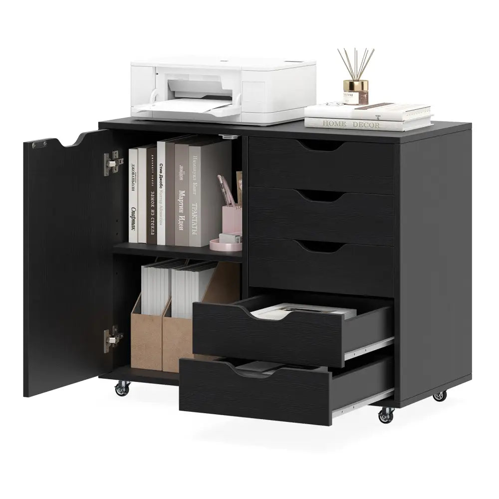 5-Drawer Rolling Storage Cart with Side Cabinet-Black - Black - File Cabinets