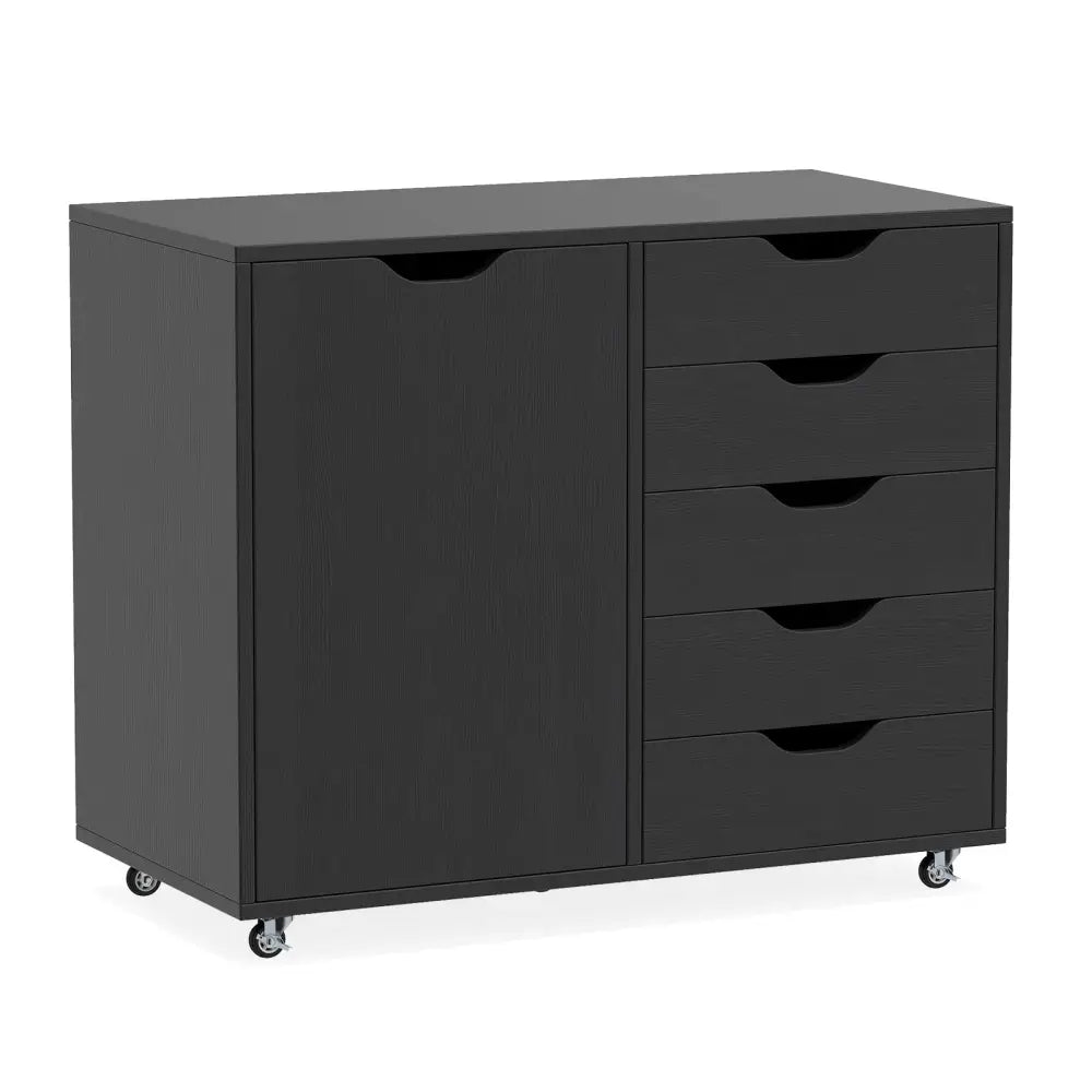5-Drawer Rolling Storage Cart with Side Cabinet-Black - Black - File Cabinets