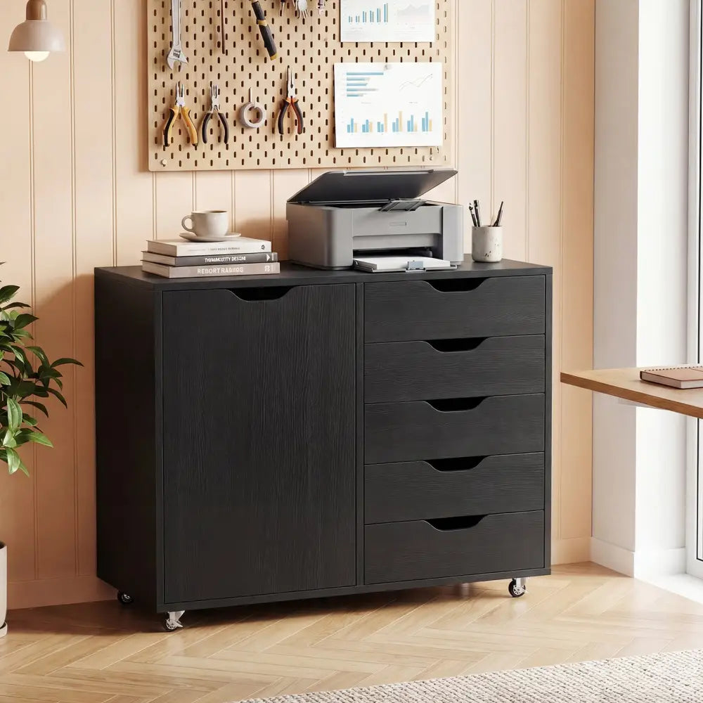5-Drawer Rolling Storage Cart with Side Cabinet-Black - Black - File Cabinets
