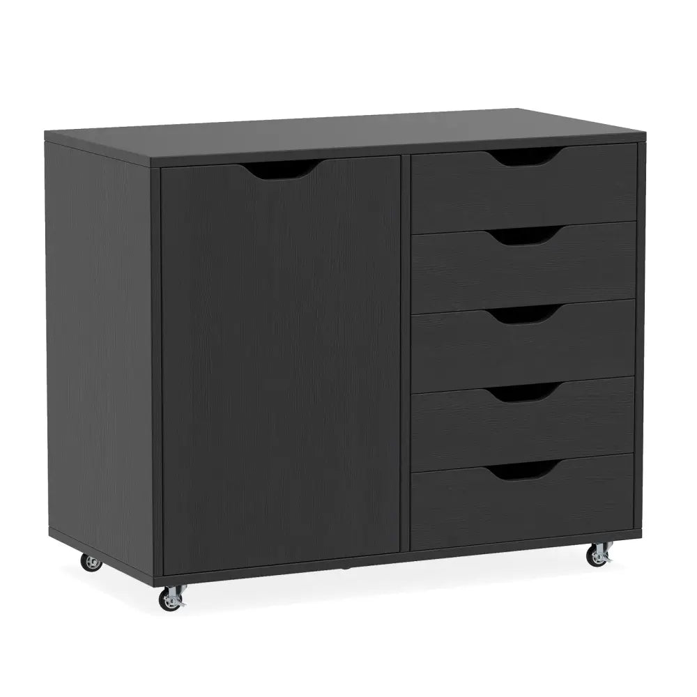5-Drawer Rolling Storage Cart with Side Cabinet-Black - Black - File Cabinets