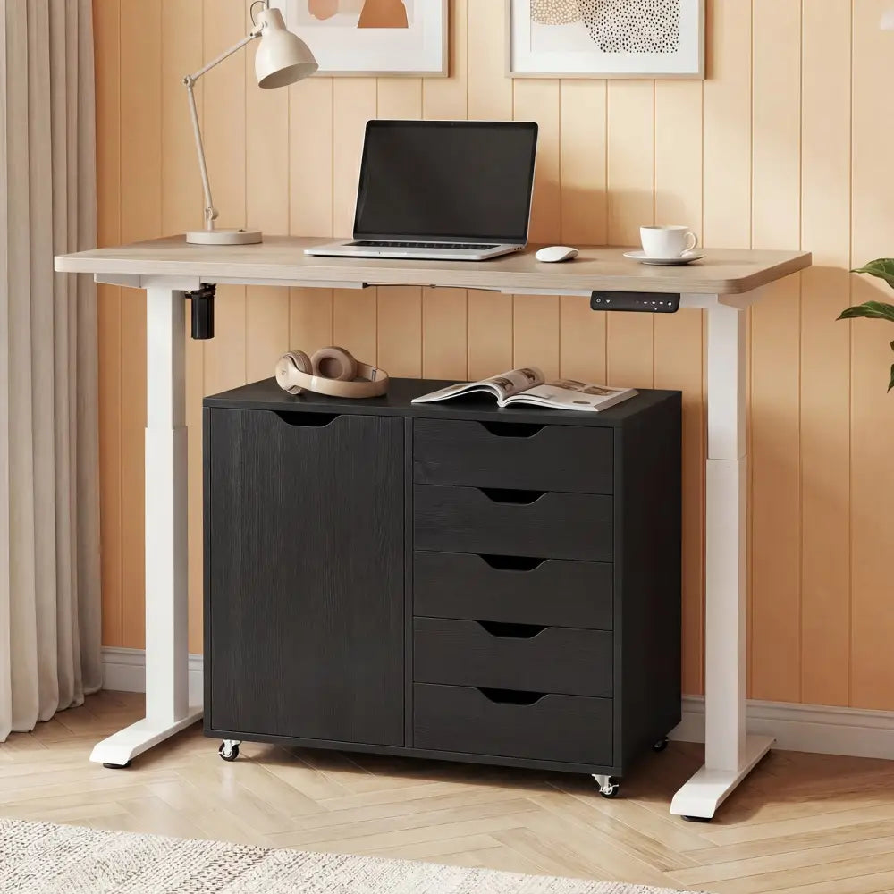 5-Drawer Rolling Storage Cart with Side Cabinet-Black - Black - File Cabinets