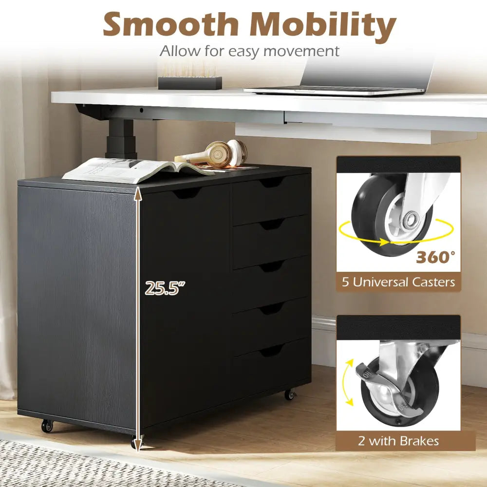5-Drawer Rolling Storage Cart with Side Cabinet-Black - Black - File Cabinets