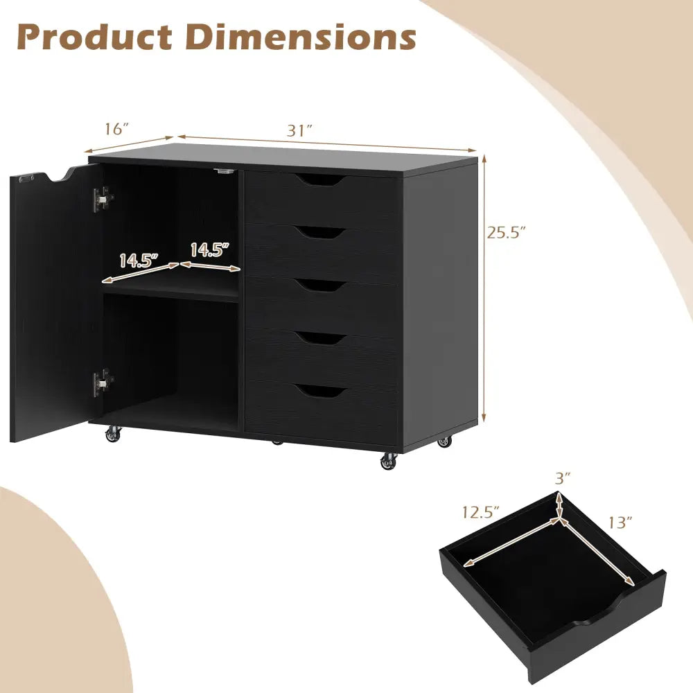 5-Drawer Rolling Storage Cart with Side Cabinet-Black - Black - File Cabinets