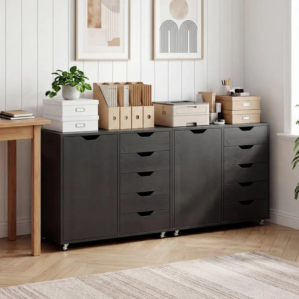5-Drawer Rolling Storage Cart with Side Cabinet-Black - Black - File Cabinets