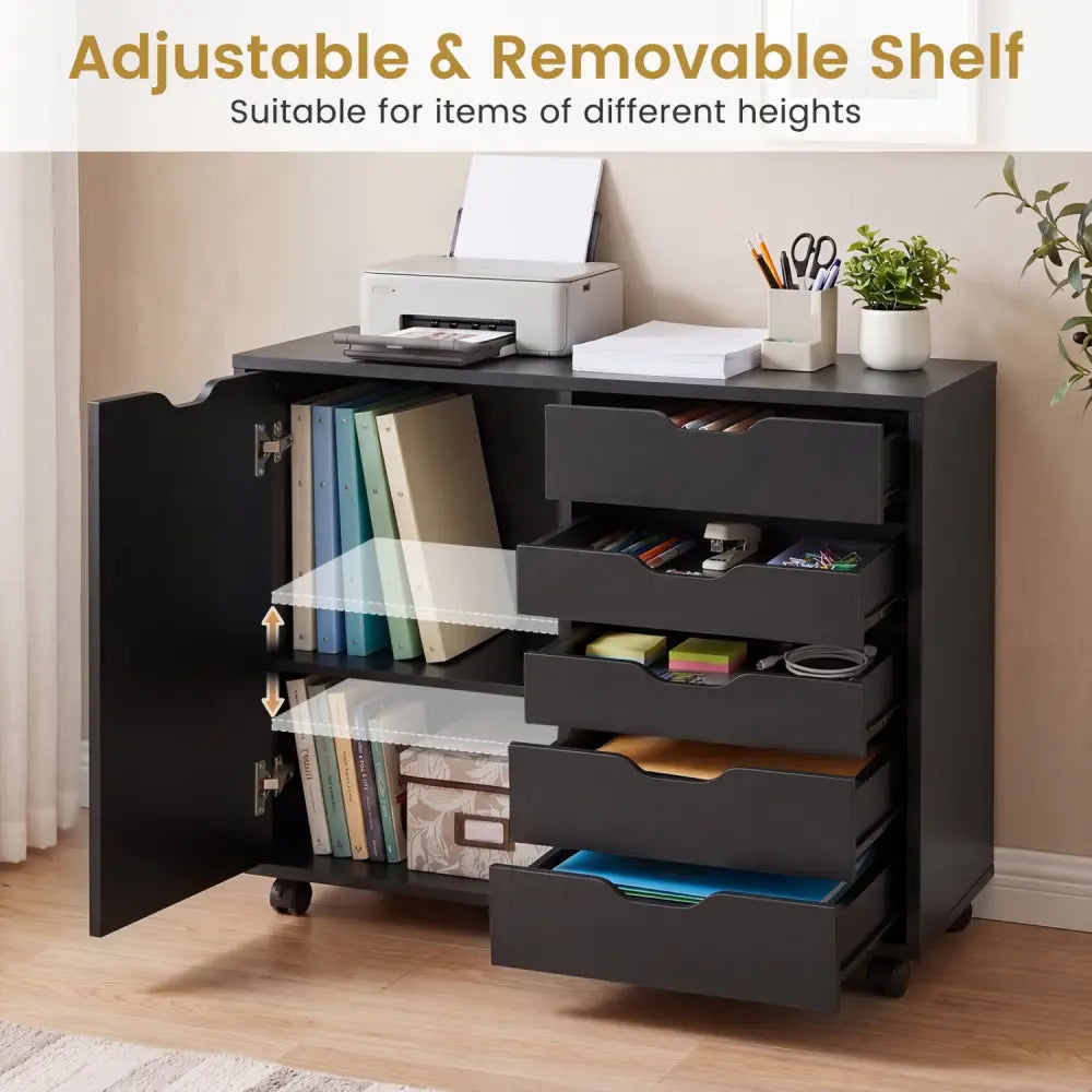5 Drawer Storage Cabinet on Wheels with Adjustable Shelf-Black - Black - File Cabinets