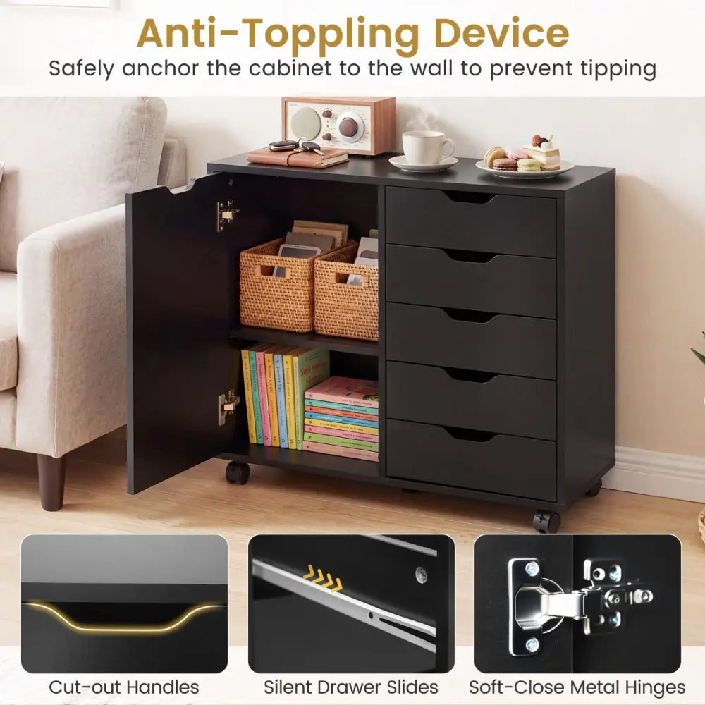 5 Drawer Storage Cabinet on Wheels with Adjustable Shelf-Black - Black - File Cabinets