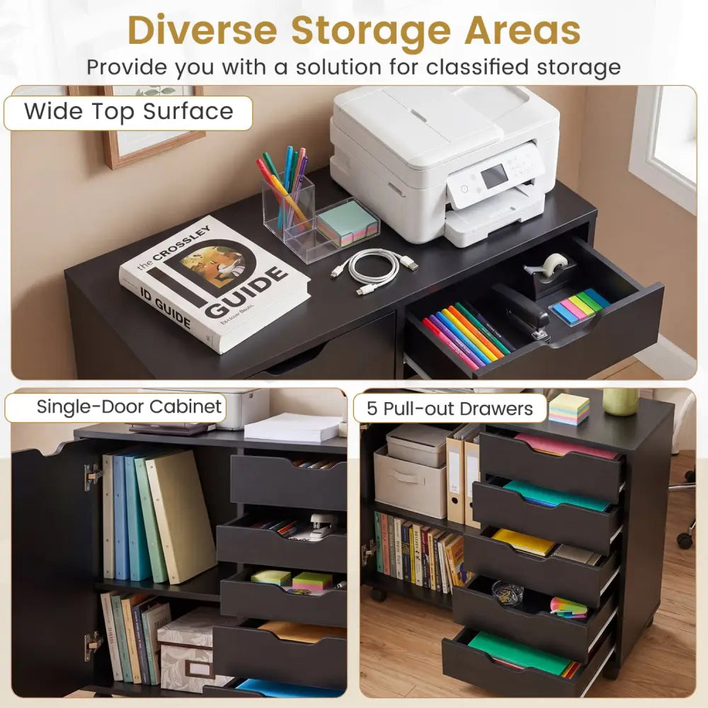 5 Drawer Storage Cabinet on Wheels with Adjustable Shelf-Black - Black - File Cabinets