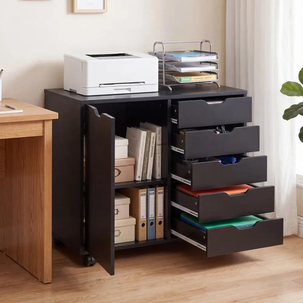 5 Drawer Storage Cabinet on Wheels with Adjustable Shelf-Black - Black - File Cabinets