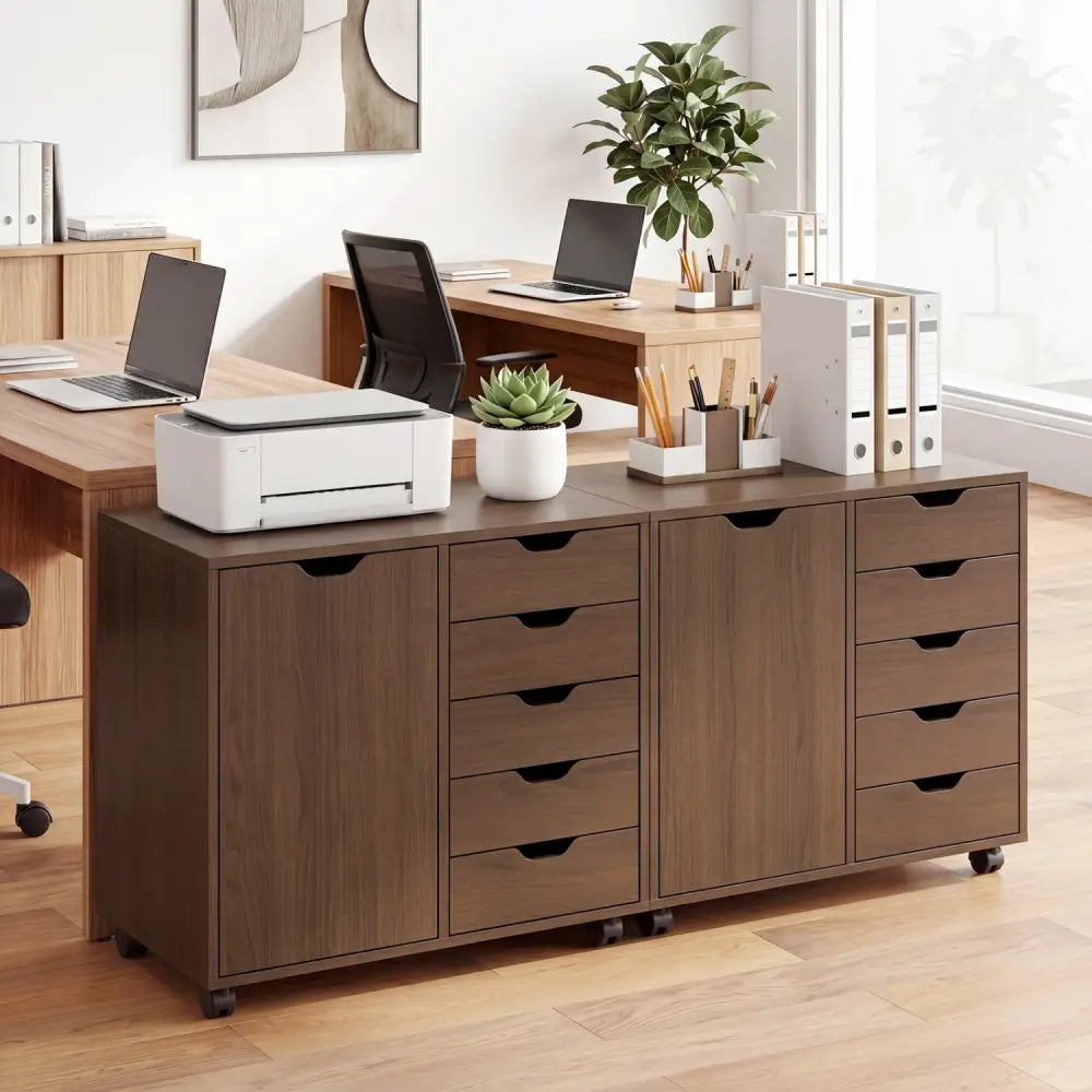 5 Drawer Storage Cabinet on Wheels with Adjustable Shelf-Brown - Brown - File Cabinets