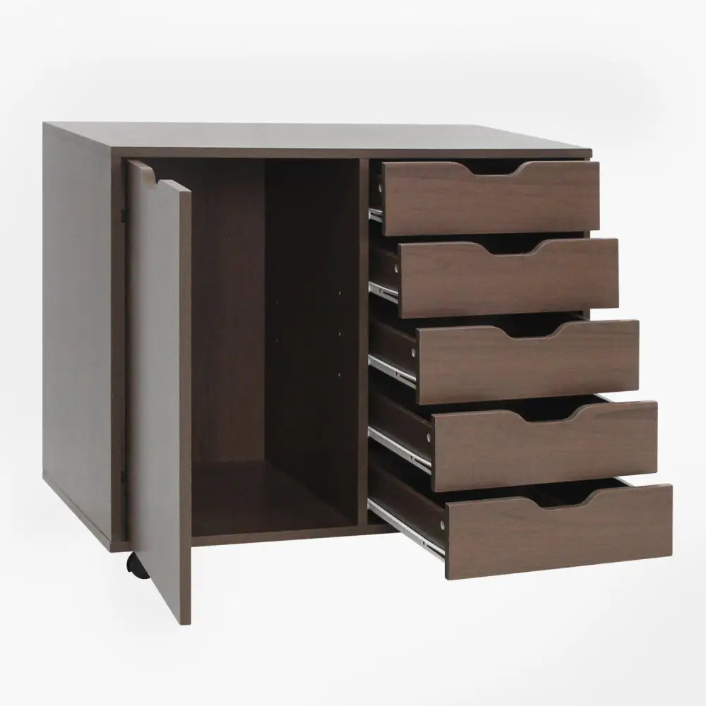 5 Drawer Storage Cabinet on Wheels with Adjustable Shelf-Brown - Brown - File Cabinets