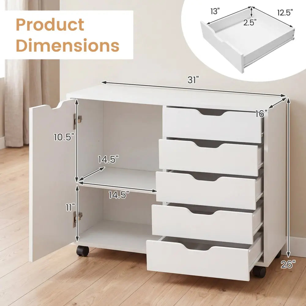 5 Drawer Storage Cabinet on Wheels with Adjustable Shelf-White - White - File Cabinets