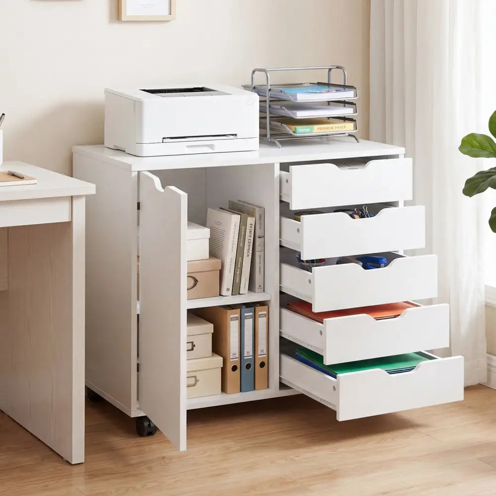 5 Drawer Storage Cabinet on Wheels with Adjustable Shelf-White - White - File Cabinets